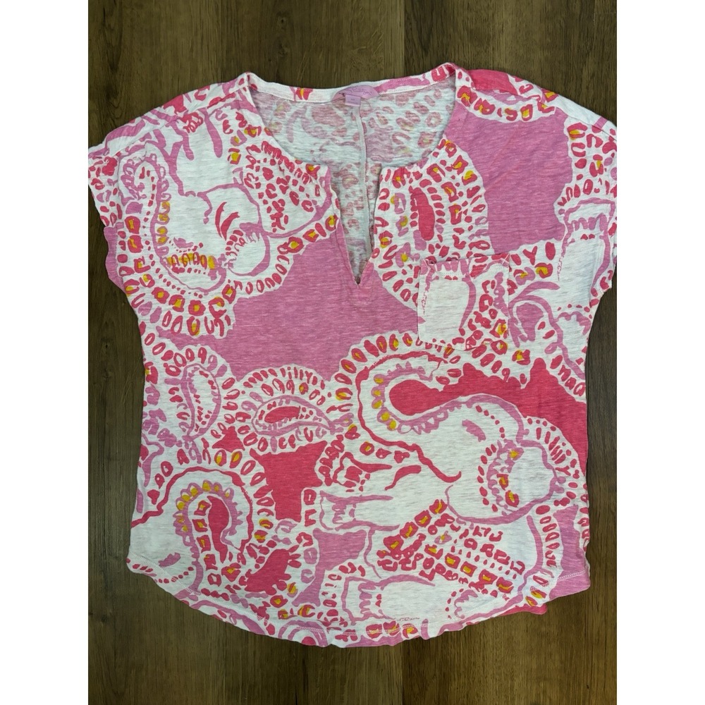 LILLY PULITZER Duval Linen Hot Coral Trunk In Love T Shirt Top M Elephants